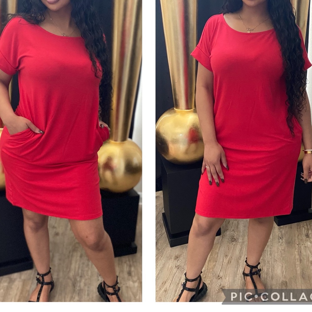 Red T-Shirt Style Crewneck Dress